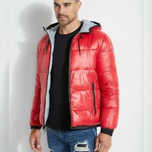 New GUESS Reversible Primal Red Multi Puffer Jacket SZ L